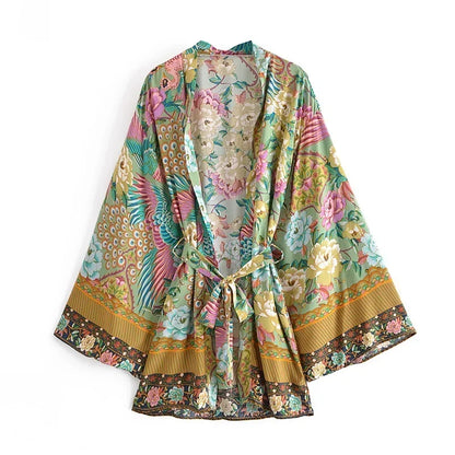 Boho Queens Vintage Green Peacock Floral Print Sashes Kimono Women Bohemian V Neck Batwing Sleeves Happie Short Robe Kimono