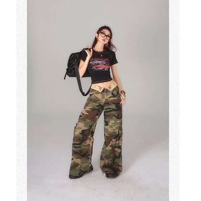 Green Women Jeans High Waist Fashion American Camouflage Y2K Streetwear Chic Wide Leg Jean Female Trouser Baggy Denim Pants