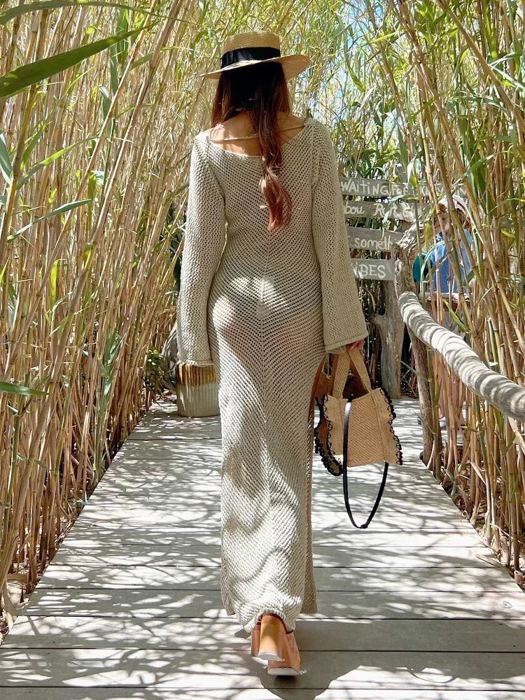 Solid Colour Beach Maxi Dress 2026 Women Summer Sexy Knit Flared Long Sleeve Slit Cut Out Swimsuit Cover Up Holiday Outfits K120