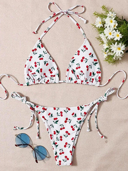 With Mesh Sarong Skirt Cherry Printed Bikini Female Swimsuit Women Swimwear Three Pieces Bikini Set Bathing Suit Swim Beachwear