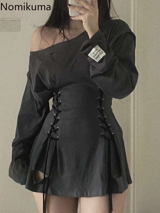 Oversized Woman Dress Slim Waist Bandage Robe Vestido Femme Long Sleeve A-line Off Shoulder Mini Dresses 2025 Vestidos De Mujer