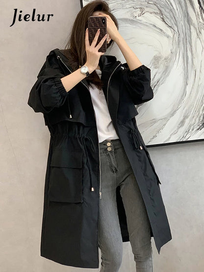Jielur New Loose Women's Trench Coat autumn Solid Color Hooded Casual Straight Elegant Female Trench Chic Pockets Zipper Coat