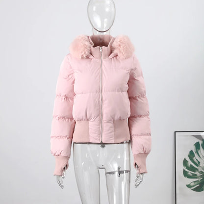 Fashion Women's Faux Fur Hooded Quilted Coat 2025 Winter Full Sleeve Zipper Pocket Cropped Jacket Chic New Lady Padded Outerwear