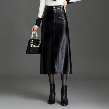 Autumn and Winter Fashion PU Leather Skirt, Solid Color High Waist Straight Tube Package Hip A Word Slit Half Body Skirt Women