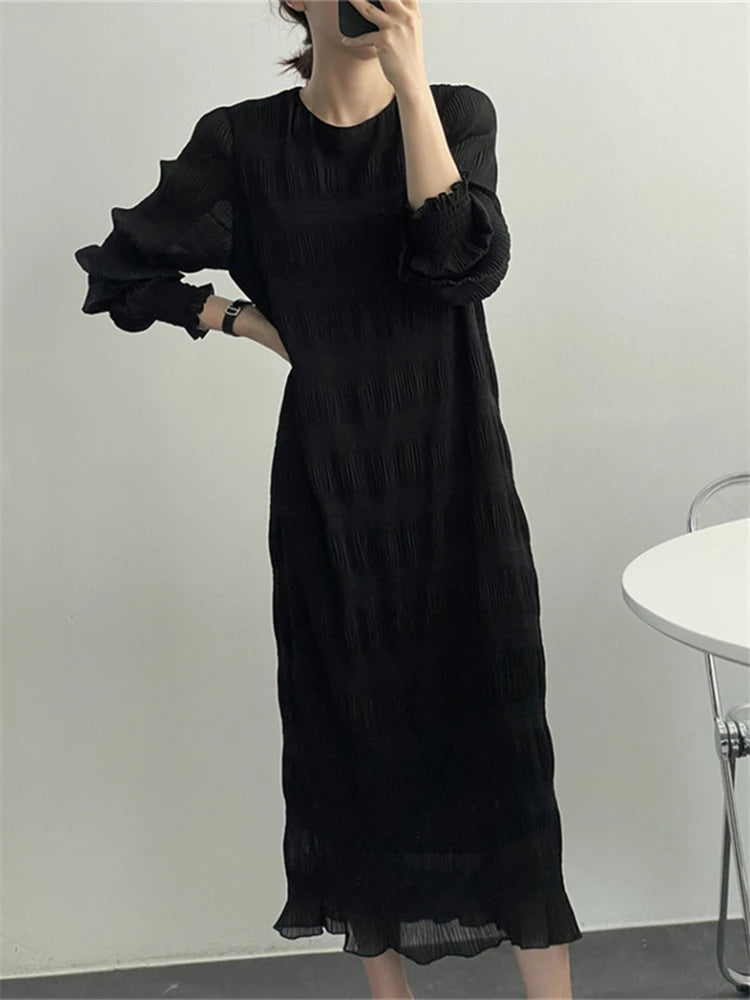 Colorfaith DR3520 New 2024 Chiffon Fold Chic Wild Oversized High Waist Elegant Lady Women's Autumn Winter Holiday Long Dresses