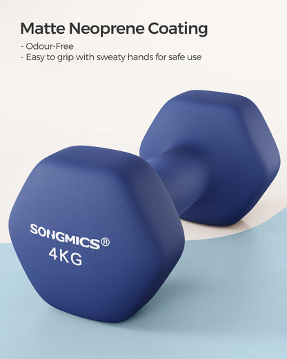 SONGMICS Set of 2 Dumbbells, 2 x 4 kg Hand Weights with Neoprene Coating, Hexagonal Dumbbells Pair, Home Workout
