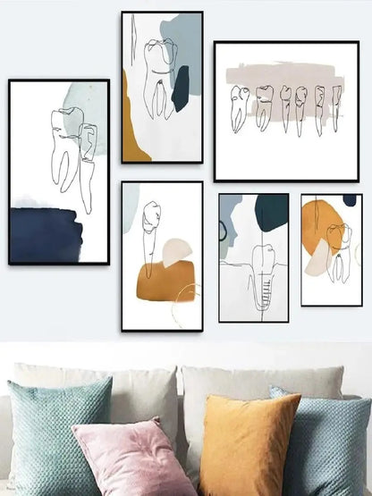 Modern Abstract Line Art Canvas Painting  Dental Clinic Wall Decor Dentist Office Posters and Prints Aesthetic Teeth Artwork for
