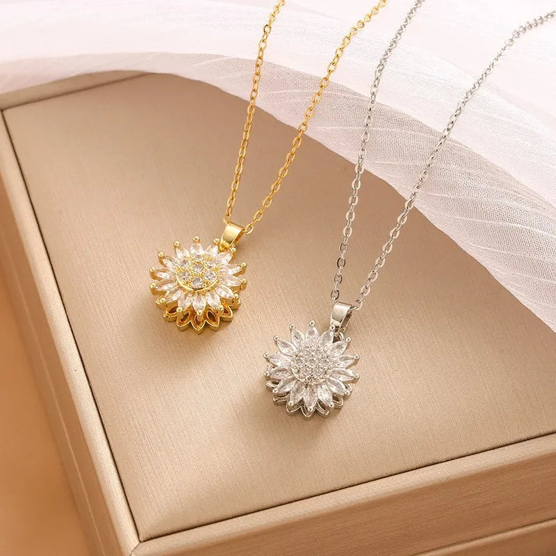 Trendy Rotation Spin Sunflower Stainless Steel Zircon Necklaces For Women Metal Crystal Necklace Party Birthday Gifts Jewelry