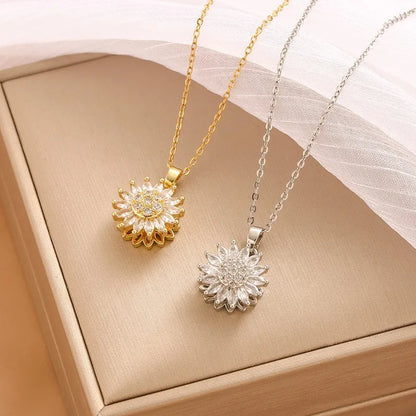 Trendy Rotation Spin Sunflower Stainless Steel Zircon Necklaces For Women Metal Crystal Necklace Party Birthday Gifts Jewelry