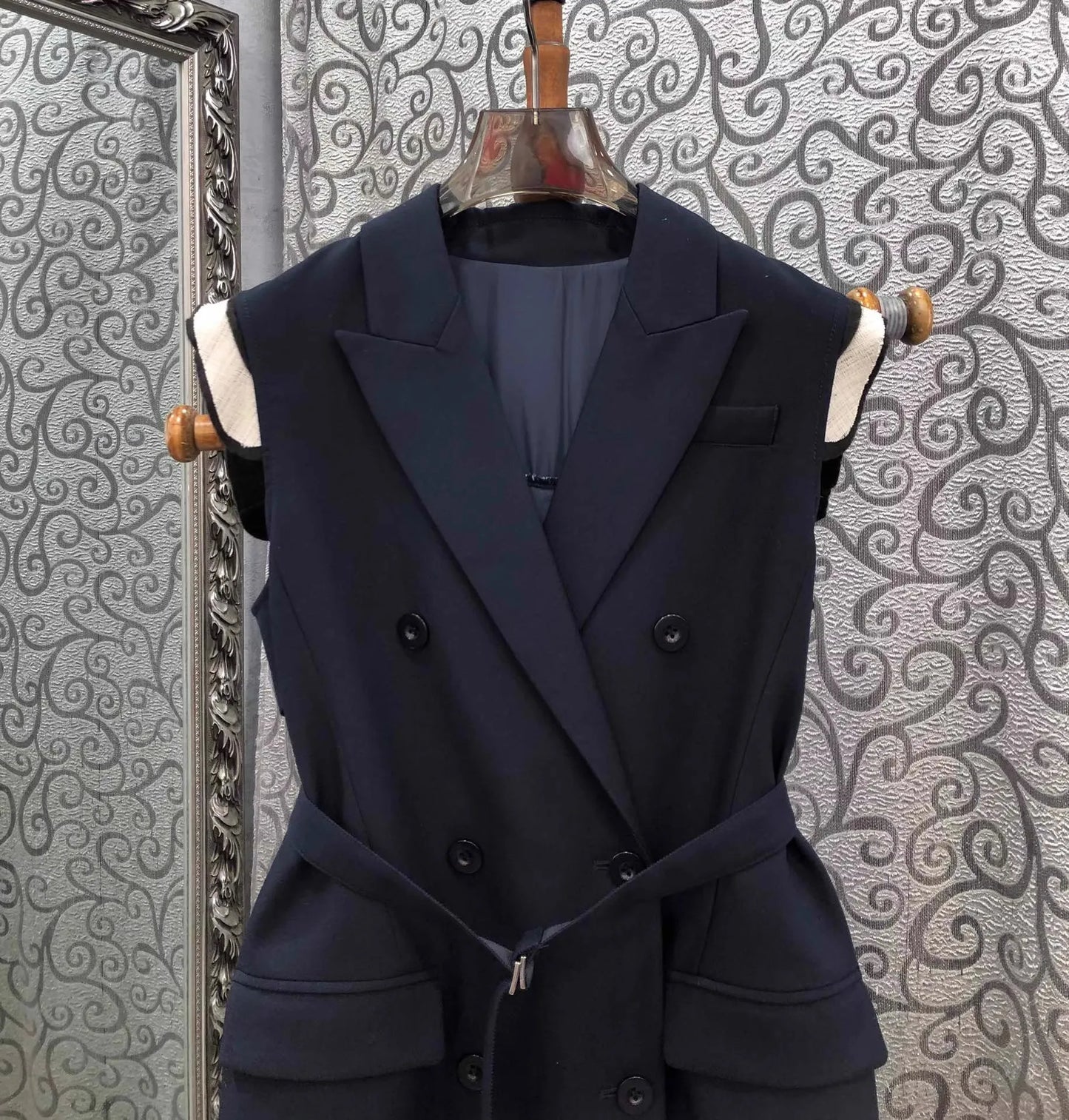 Top Quality New Blazer Dress 2025 Autumn Winter Women Notched Collar Vintage Floral Print Patchwork Belt Deco Dark Blue Dress