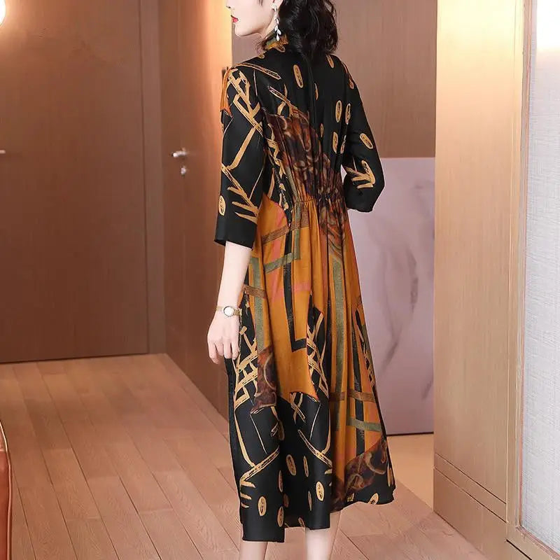 Vintage Printed Spliced A-Line Long Dress Spring Summer Casual V-Neck Women's Clothing Commute Half Sleeve Waist Loose Dresses