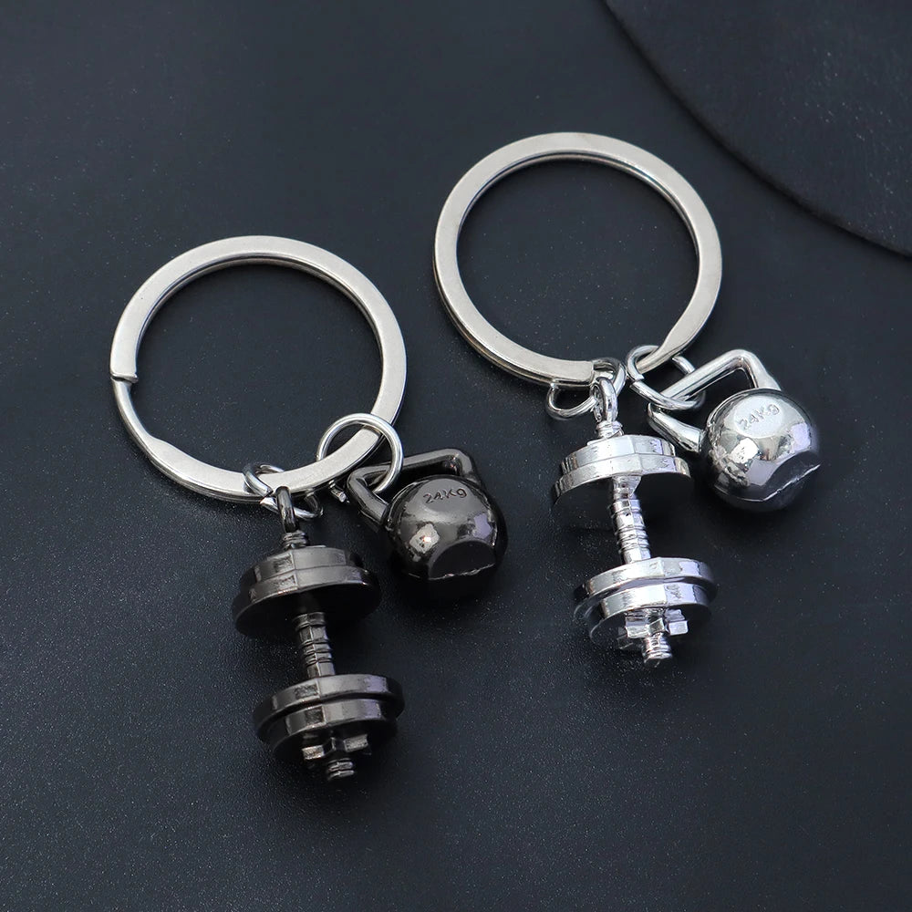 Fashion Mini 3D Metal Dumbbells Keychain Solid Color Kettlebell Sports Keyring Unisex Backpack Pendant Car Key Holder Accessorie