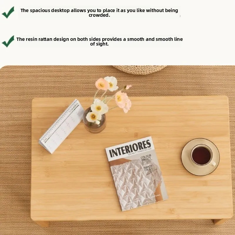 Modern Rattan Bed Desk with Storage Low Style Window Seat Study Multifunctional Sofa Stand for Laptop Coffee Table