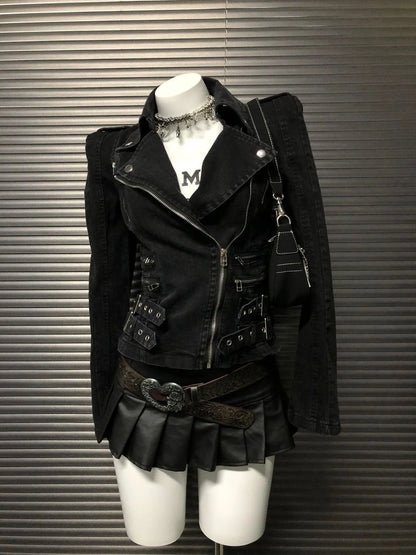Y2K Gothic Black Coat  Bomber Jacket Women Harajuku Vintage Turn Down Collar Denim Jacket Punk Diagonal Zipper Motorcycle Jacket