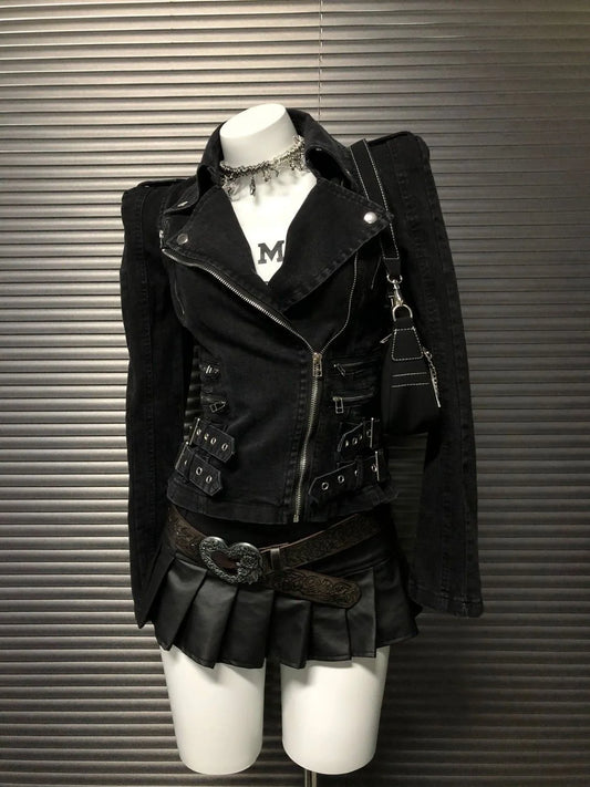 Y2K Gothic Black Coat  Bomber Jacket Women Harajuku Vintage Turn Down Collar Denim Jacket Punk Diagonal Zipper Motorcycle Jacket