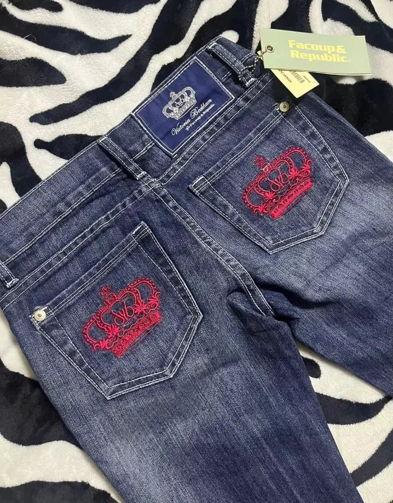 Streetwear New Fashion Red Crown Embroidered Baggy Jeans Women Y2K Gothic Harajuku Hip Hop Popular Casual Joker Couple Jeans