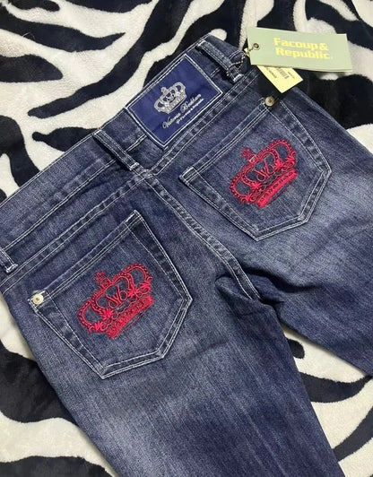 Streetwear New Fashion Red Crown Embroidered Baggy Jeans Women Y2K Gothic Harajuku Hip Hop Popular Casual Joker Couple Jeans