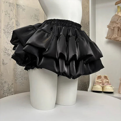 Sweet Elastic Waist Short Skirt Chic Ruffle Cake Princess Satin Puffy Skirt