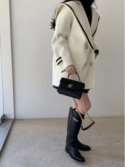 Japanese Sle Small Size Woolen Coat Women Winter Faion Anti-Aging Navy Collar Fake Camere Loose Knitwear Top