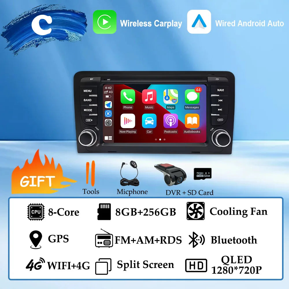 GPS Navigation 7 inch 4G Wifi Car Radio Android 16 for Audi A3 8P 2003-2011 S3 RS3 Sportback CarPlay Multimedia Player Video DSP
