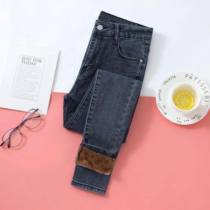 Women High Waist Thermal Jeans Winter Warm Stretchy Fleece Lined Denim Pants Leggings Blue Black Female Slim Pants Trousers