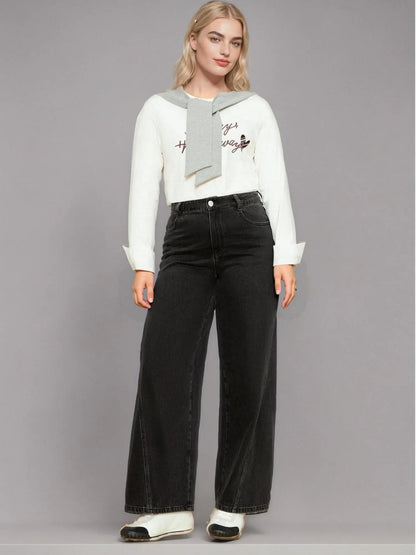 DUSHU Plus Size Women's High Waisted Jeans Women's 2025 Spring New Style Wide Leg Jeans Long Pants 25DS81044+25DS81163