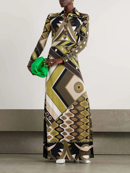 Summer 2025 Fashion Printed Tribal Style Dress With A Collar, Long Sleeves, Slit, And Body-hugging Design For Women.