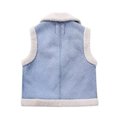 New Women Fashion Turn Down Collar Lamb PatchworkWashed Denim Vest Jacket Female Sleeveless Pockets WaistCoat Tops CT5477