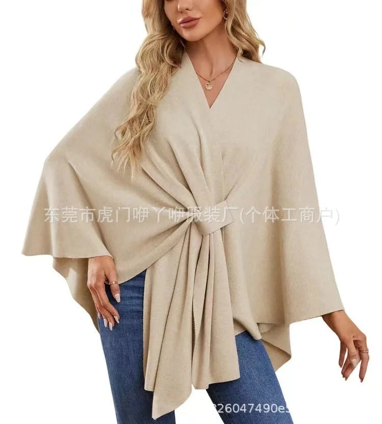 Women's Trendy Autumn And Winter Loose V-Neck Shawl Cape Elegant Shawl Wraps Casual Solid Color Soft Open Front Poncho bat shirt