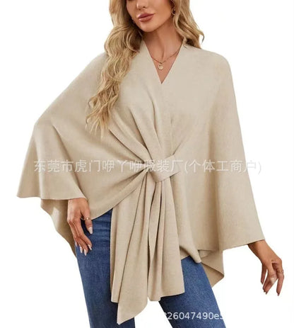 Women's Trendy Autumn And Winter Loose V-Neck Shawl Cape Elegant Shawl Wraps Casual Solid Color Soft Open Front Poncho bat shirt