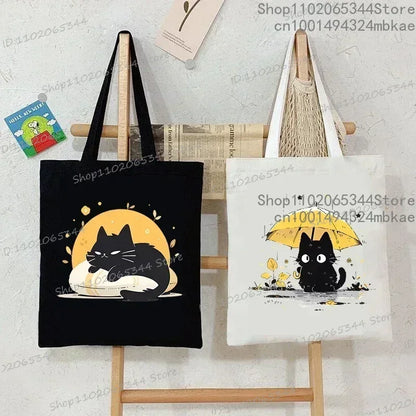Kawaii Black Cat Graphic Handbags for Women Japanese Style Canvas Tote Bag Cartoon Fashion Shoulder Bag for Women Kitten Bag
