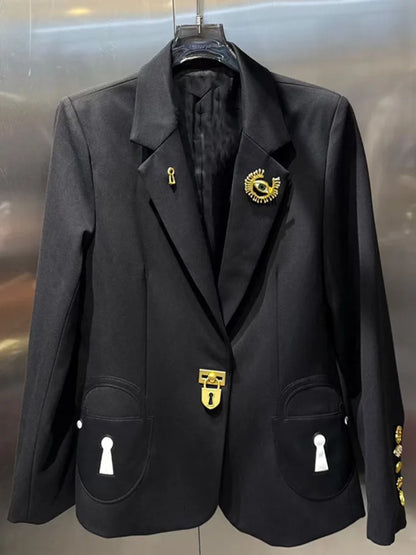 ZMEENNA Elegant Black Blazer For Women With Lock And Key Details And Gold Adornments Stylish And Unique Outerwear ZM4108