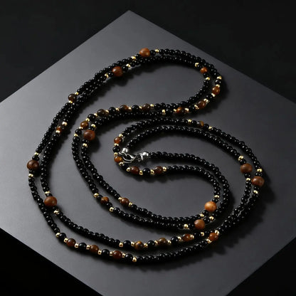 Black Agate Natural Stone Tiger Eye Beads Chain Necklace for Men, Retro Long Sweater Chain Necklace, Fashion Boho Jewelry Gift