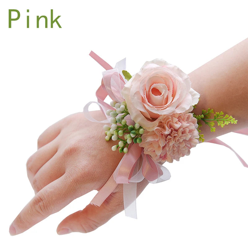 Girls Bridesmaid Wrist Flowers Groom Boutonnier Suit Corsage Pins Artificial Silk Rose Fabric Hand Flowers Wedding Accessories