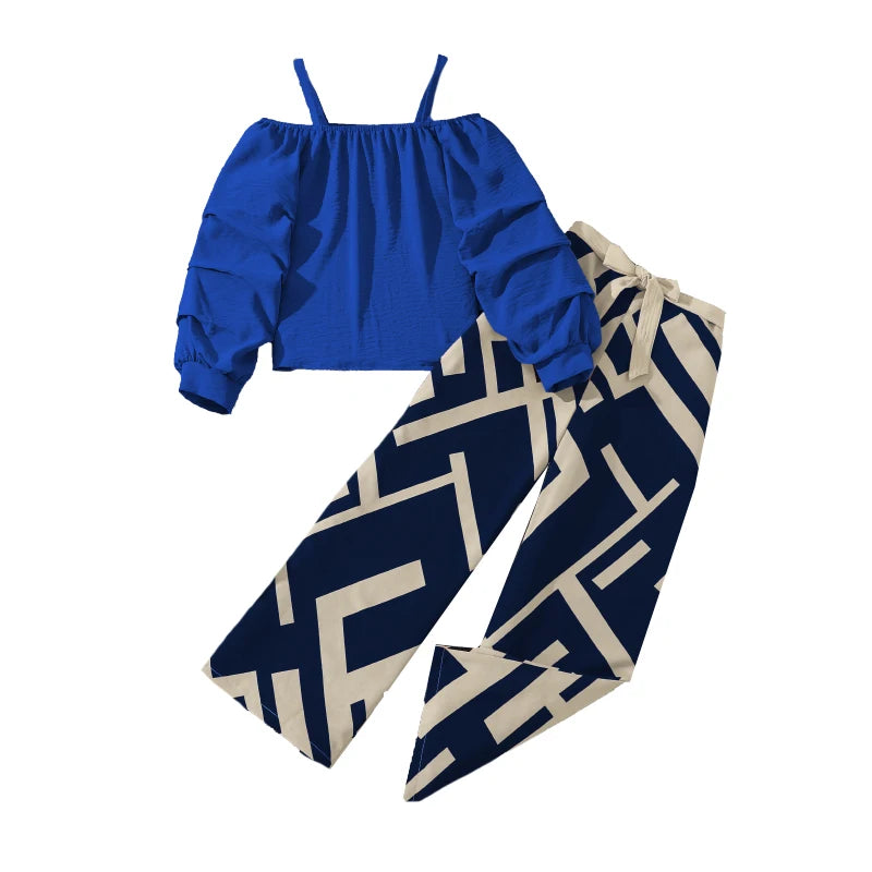 Kids Clothing Sets For Girls Khaki Off-shoulder Long sleeve Top & Stripe Printing Pants Summer Resort Style Children Suits OOTD