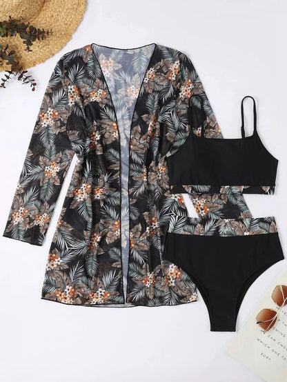 Hot Selling Women Bikini 3 Pieces Suit Black/Green/Red Bikini Sets With Long Sleeved Cover Ups High Quality Size Small-XXLarge