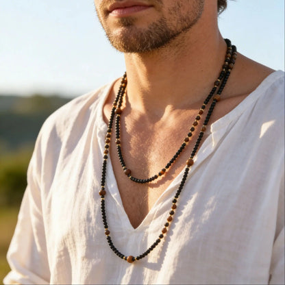 Black Agate Natural Stone Tiger Eye Beads Chain Necklace for Men, Retro Long Sweater Chain Necklace, Fashion Boho Jewelry Gift