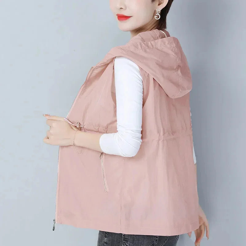 Thin Summer Women's Vest Jacket 2025 New Short Hooded Sleeveless Coat Female Solid color Casual Liner Waistcoat Jackets Tops