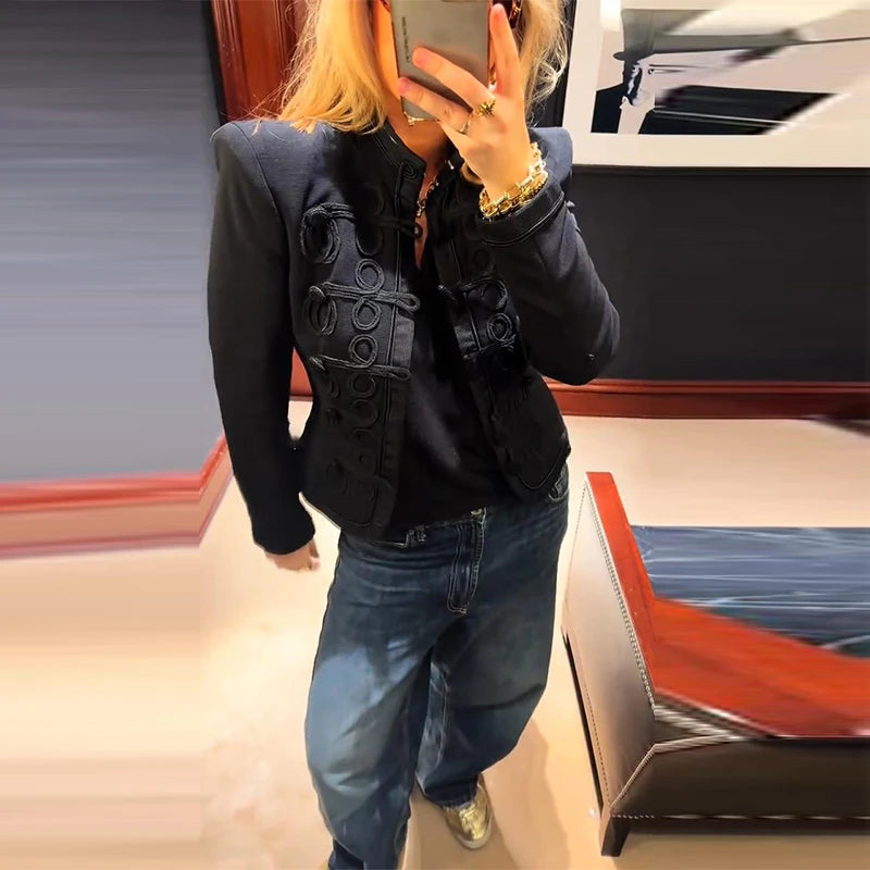 Fashion Chic Napoleon Cropped Jacket Women O-neck Long Sleeve Black Short Coats 2026 Spring Elegant Lady Commute Outerwear