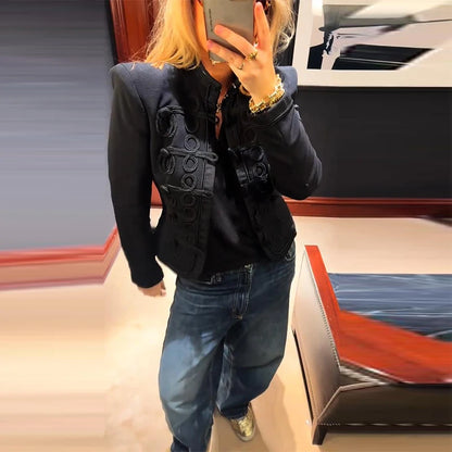 Fashion Chic Napoleon Cropped Jacket Women O-neck Long Sleeve Black Short Coats 2026 Spring Elegant Lady Commute Outerwear