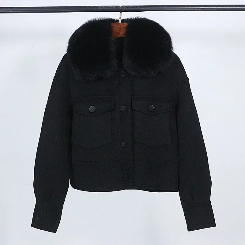 Wool Women Fur Coat New Autumn Winter Real Fox Fur Collar 10% Cashmere 90% Wool Fur Jacket Short Casual Loose Wool Coat