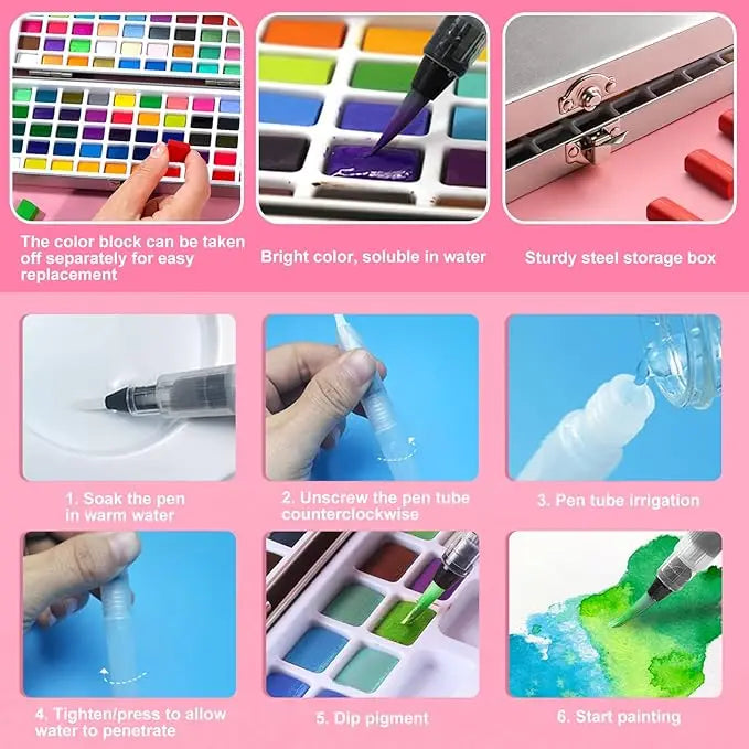 The 50/72/90/100/128/168 watercolor paint set includes a palette, brushes, drawing pens, professional painting supplies