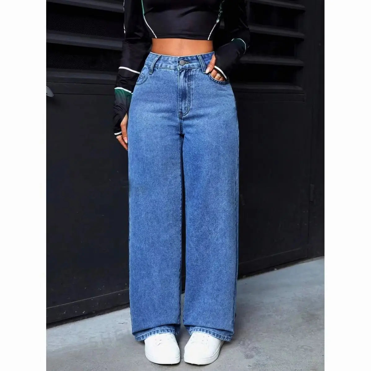 Loose Straight Leg Wide Leg Jeans Casual Sle l Waist Folded Fabric Stand Edition Slight Elastici Pure Color Wome...