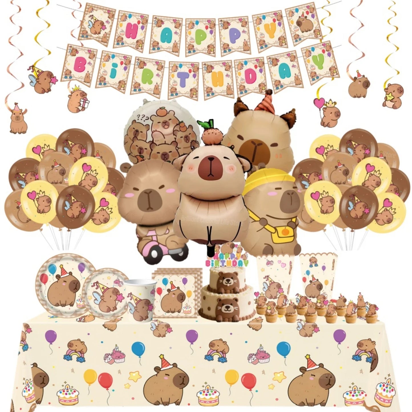 Cute Capybara Birthday Decorations Balloons Backdrop Tablecloth Stickers Cups Plates for Baby Shower Kids Event Party Supplies