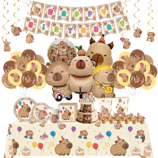 Cute Capybara Birthday Decorations Balloons Backdrop Tablecloth Stickers Cups Plates for Baby Shower Kids Event Party Supplies