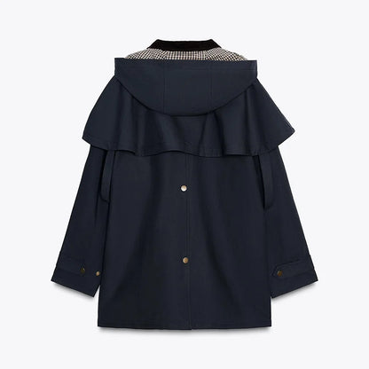 Fashion Casual Cloak Short jacket For Women Navy blue Design Sense Style Detachable Hat Coat 2025 New Lady Autumn Streetwear