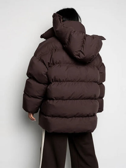 Winter Warm Hooded Cotton Jacket Women Fashion Standneck Zipper Long Sleeves Oversize Coats 2025 Female Chic Casual Outerwear