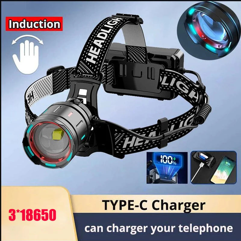 New 10000000LM Most Powerful Headlamp 800W Headlight USB Rechargeable Head Flashlight High Power Outdoor Head Lamp Fishing Light