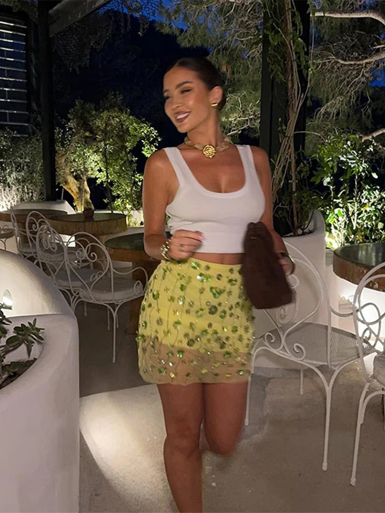 Chic Sequins Beads Women's Mini Skirt Fashion Lace Patchwork Slim A-line Skirts Female 2025 Summer New Lady Beachwear Holiday
