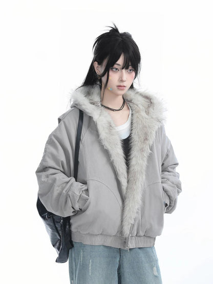 Faux Fur Coats Women American Vintage Jackets  Long Sleeve Hooded Office Lady Trench Winter Clothes Y2k Grey Jackets Streetwear